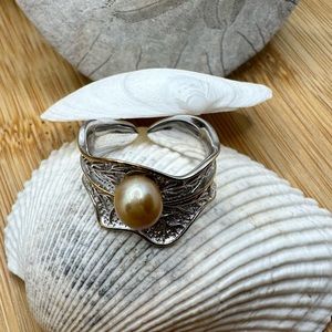 Handmade Sterling silver freshwater pearl adjustable ring gold accent champagne